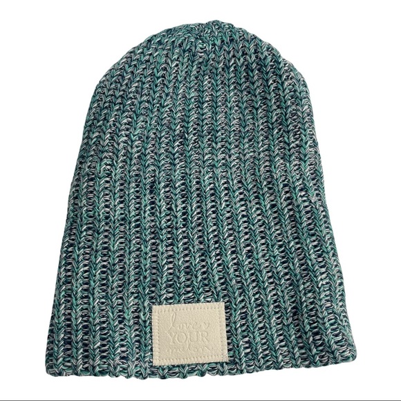 LOVE YOUR MELON Marled Teal Blue White Knit Slouchy Knit Beanie White Label - Picture 1 of 5